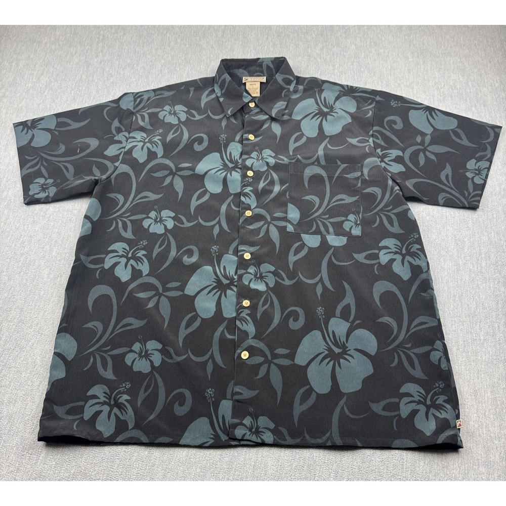 Vintage‎ Alpine Design Shirt Mens Large Black Blue Floral Hawaiian Camp Aloha
